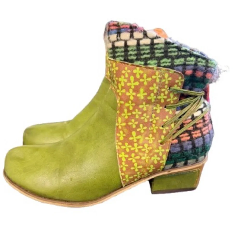 Whimsical Patchwork Boots Leather Wool Colorful Cottagecore Art Boots 8-8.5